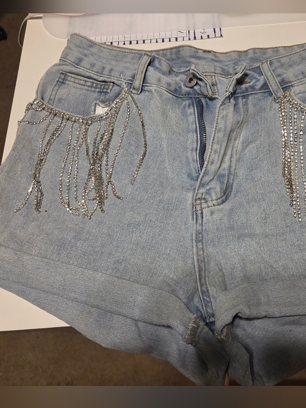 Light Wash Women's Jeans Shorts with Silver Rhinestone Fringe